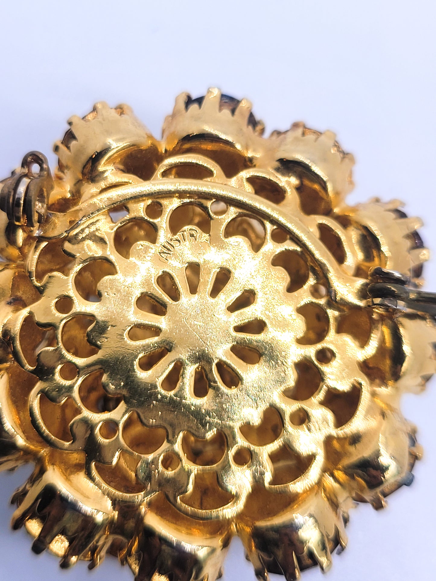 Austria warm topaz brown and white high domed vintage rhinestone brooch