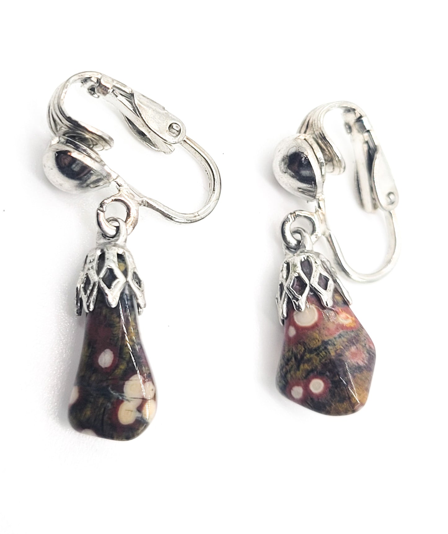 Leopard skin Jasper vintage silver toned long drop clip on earrings