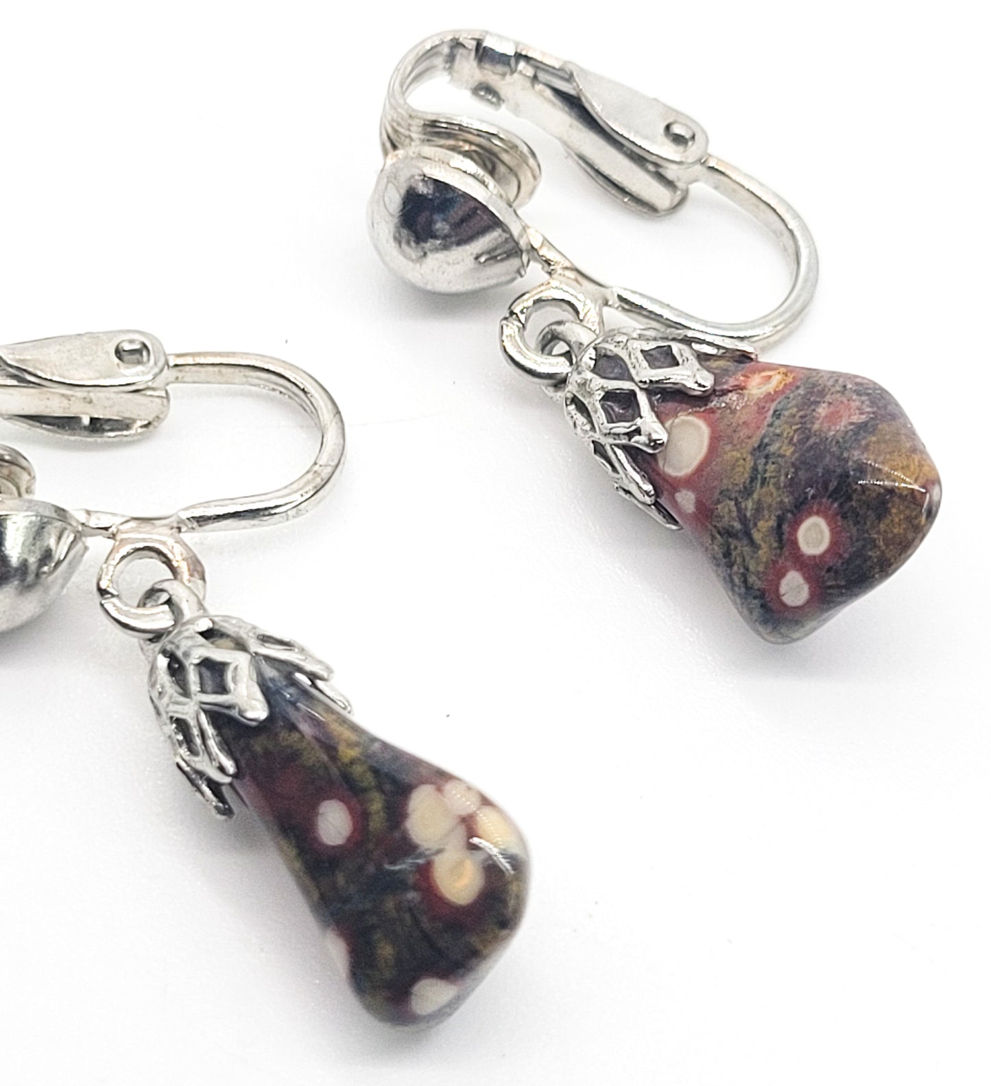 Leopard skin Jasper vintage silver toned long drop clip on earrings