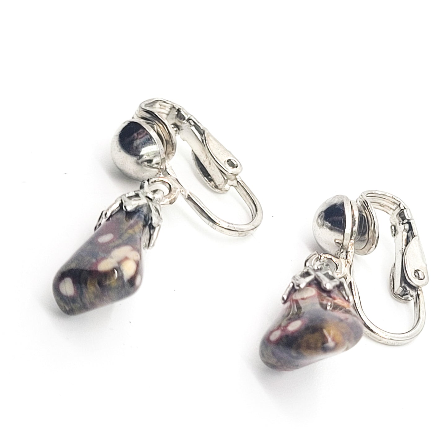 Leopard skin Jasper vintage silver toned long drop clip on earrings