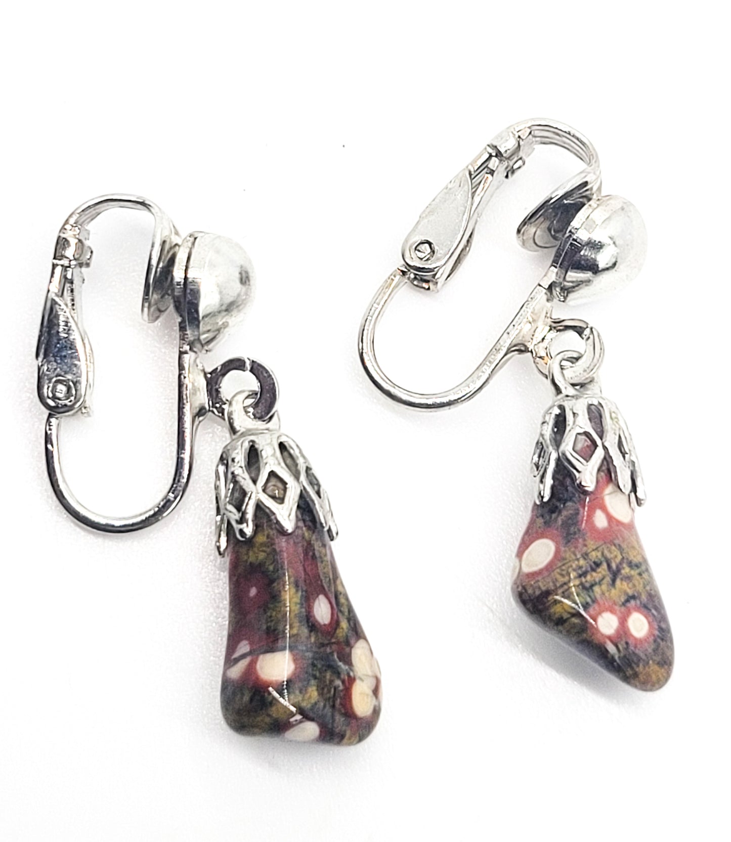 Leopard skin Jasper vintage silver toned long drop clip on earrings