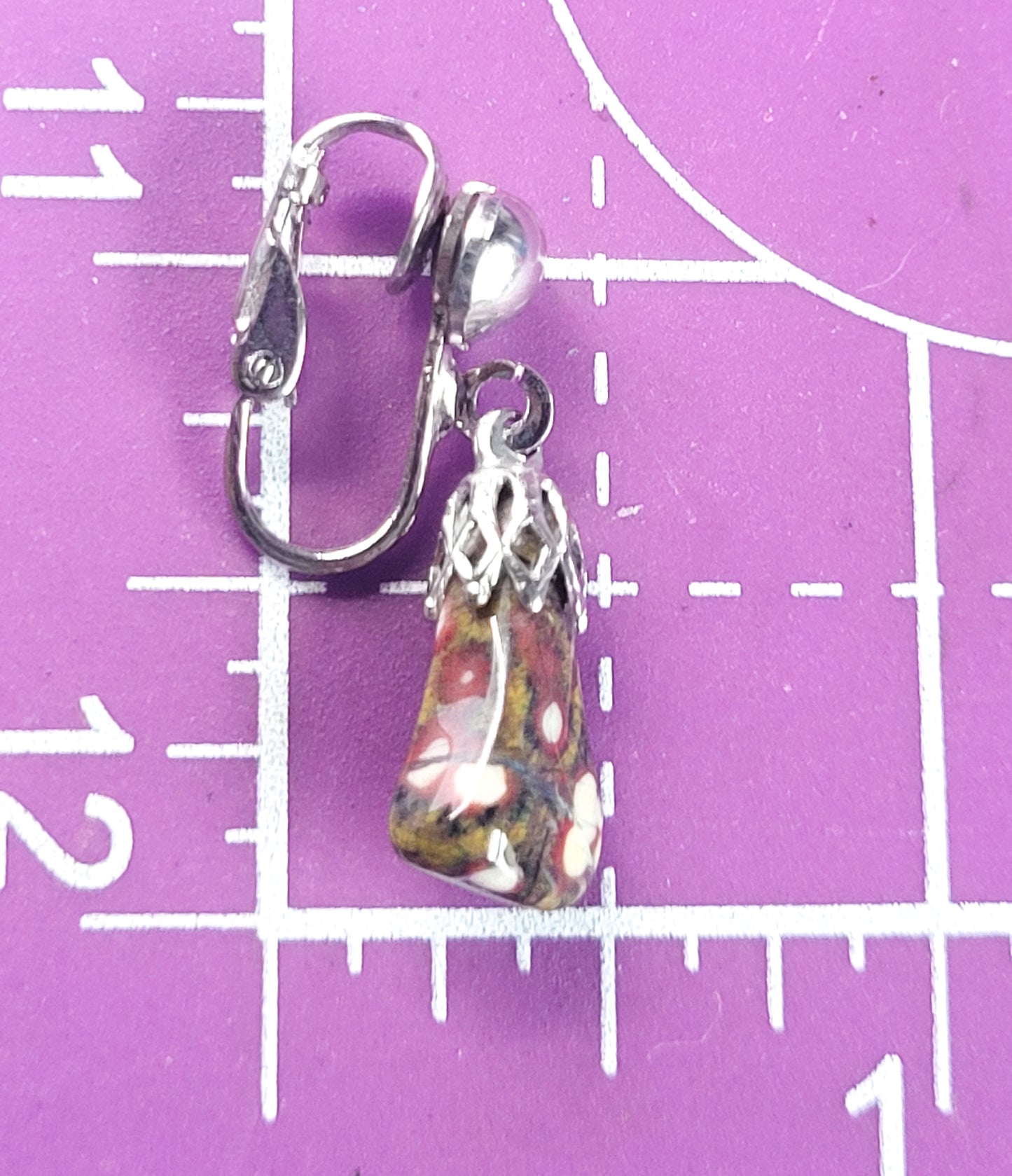 Leopard skin Jasper vintage silver toned long drop clip on earrings