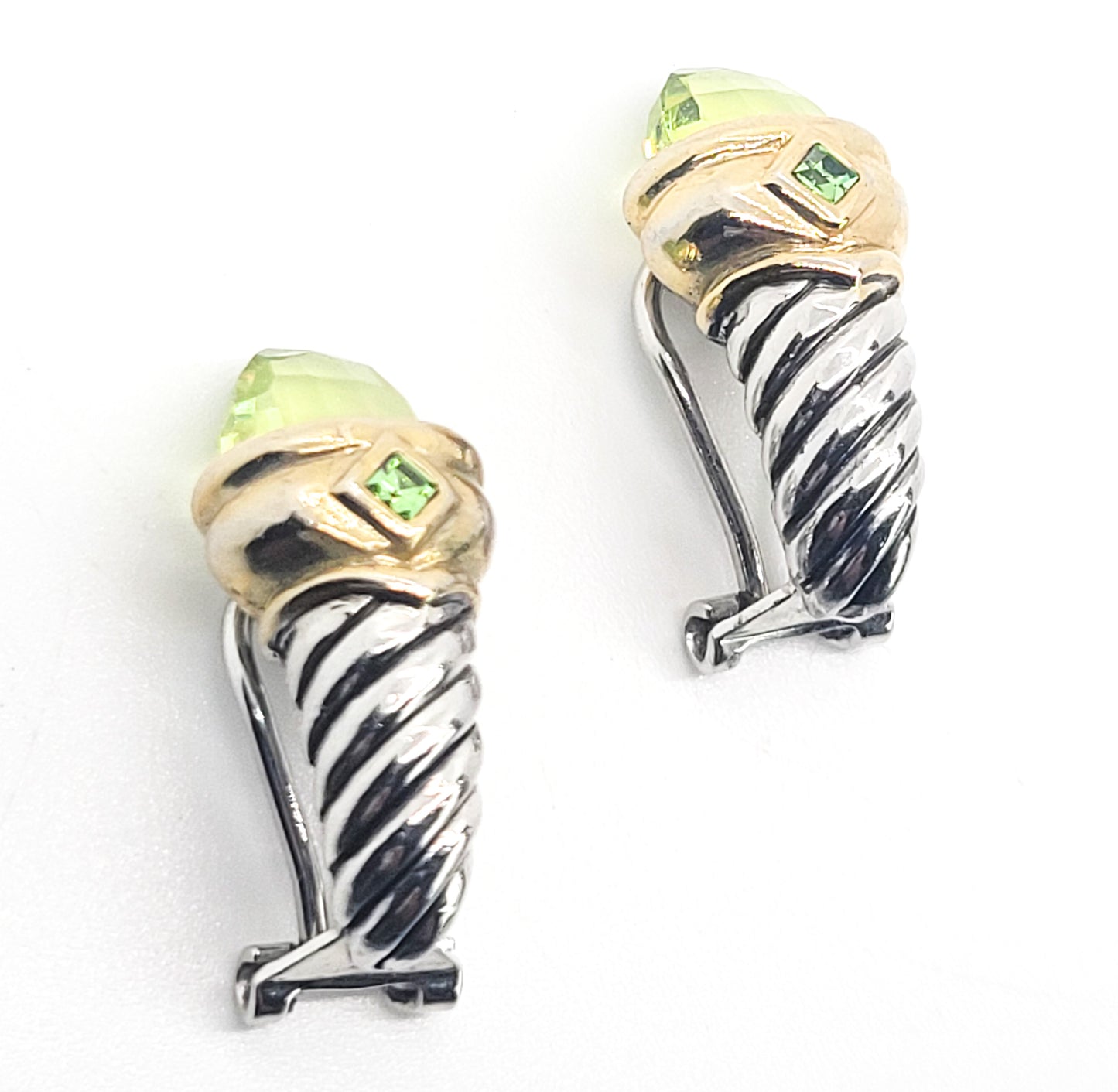 Green faceted crystal silver and gold toned vintage scepter clip on earrings
