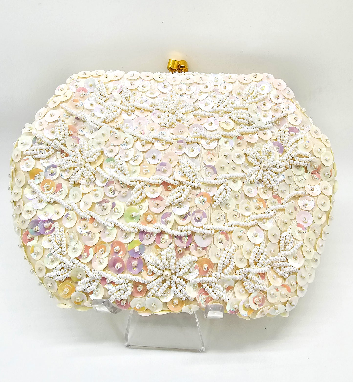 JBM Cream sequin and beaded vintage evening bag and glasses holder set