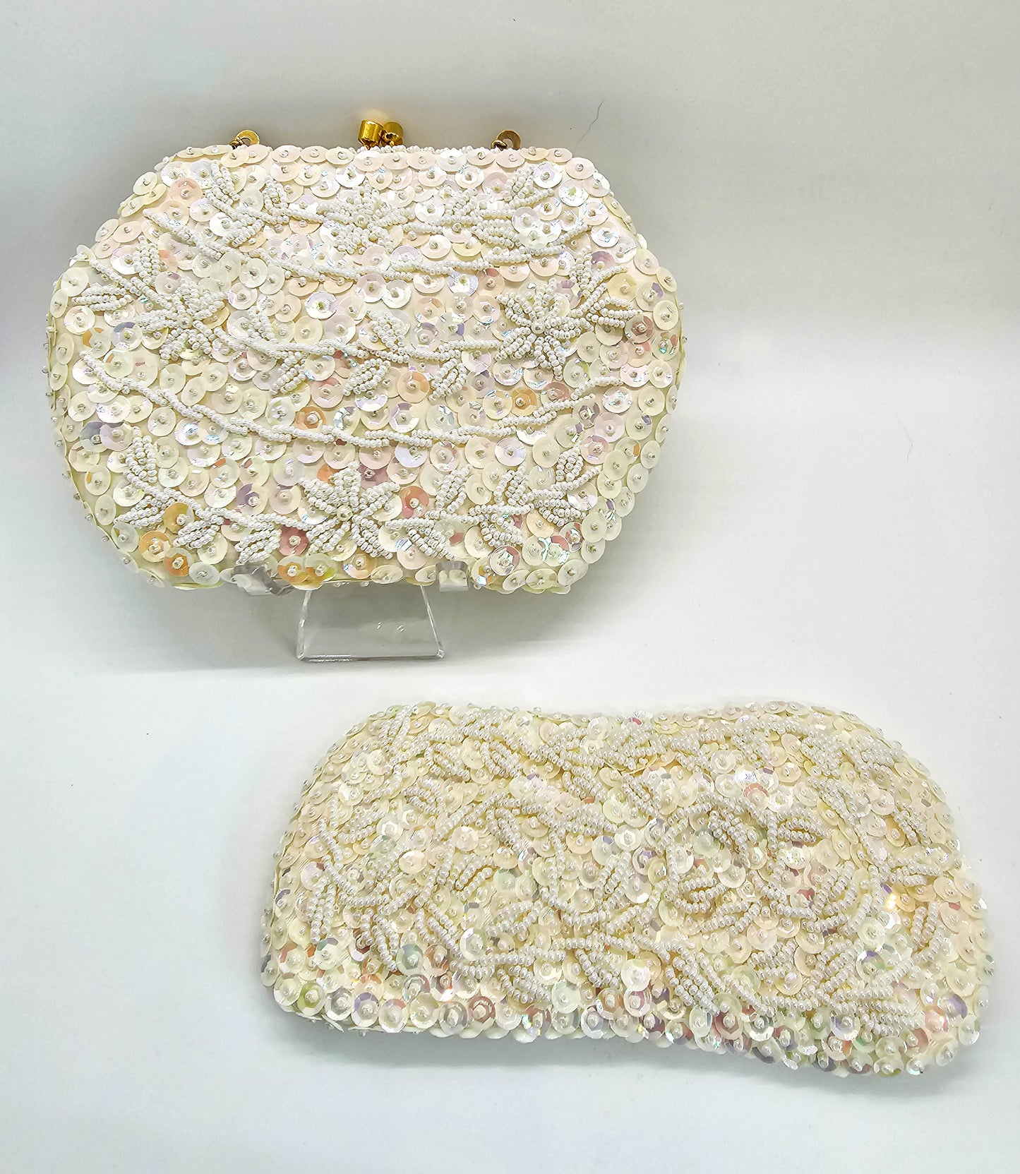 JBM Cream sequin and beaded vintage evening bag and glasses holder set