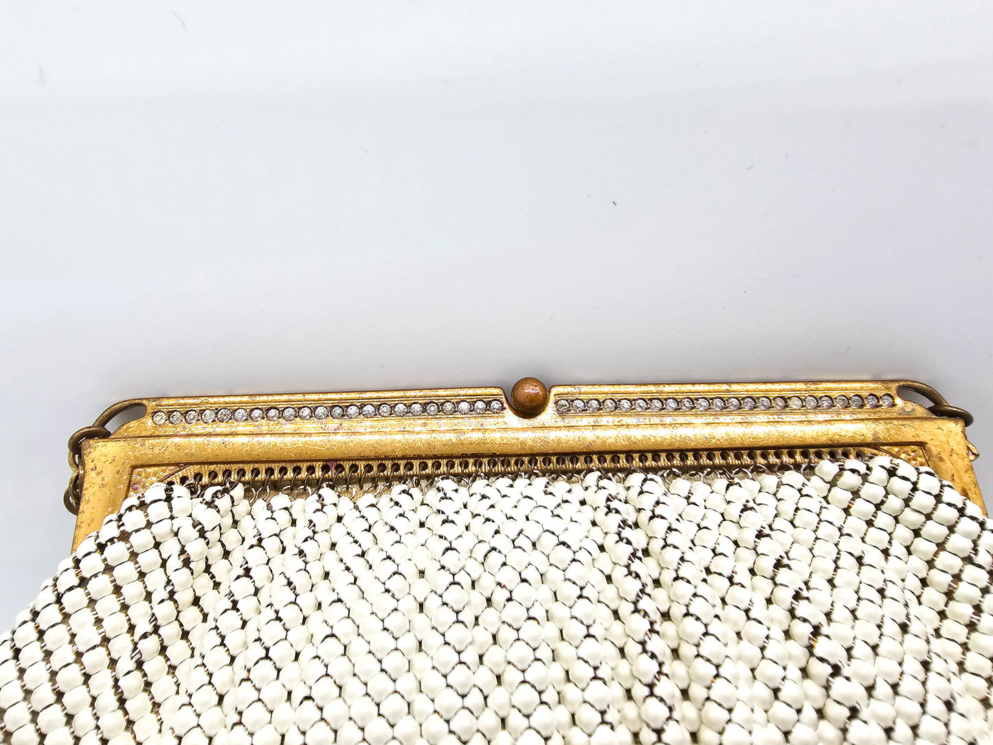 Whiting and Davis white bubble rhinestone beaded purse with accessories