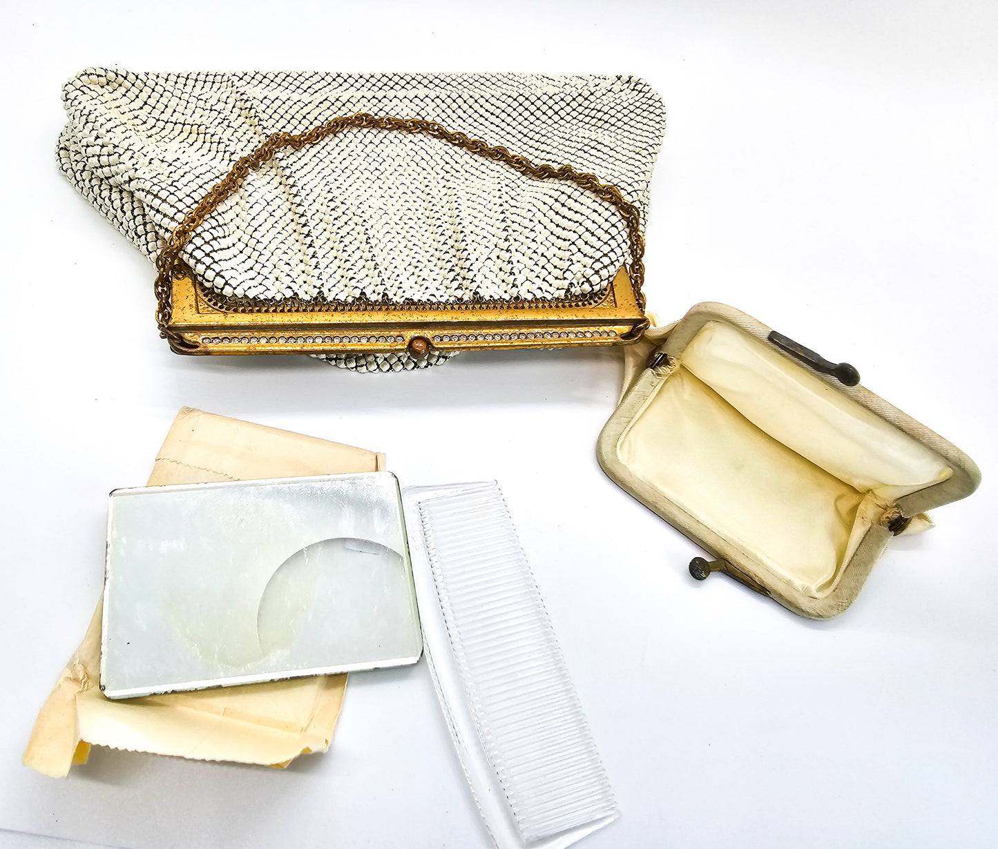 Whiting and Davis white bubble rhinestone beaded purse with accessories