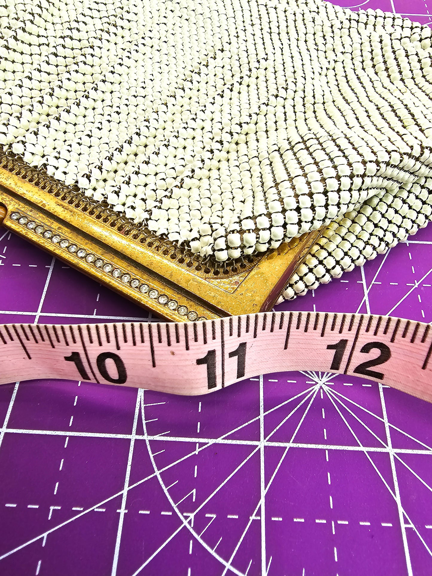 Whiting and Davis white bubble rhinestone beaded purse with accessories
