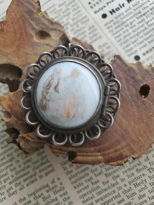 Mexico JA sterling silver vintage locket pendant brooch with painted porcelain Victorian couple