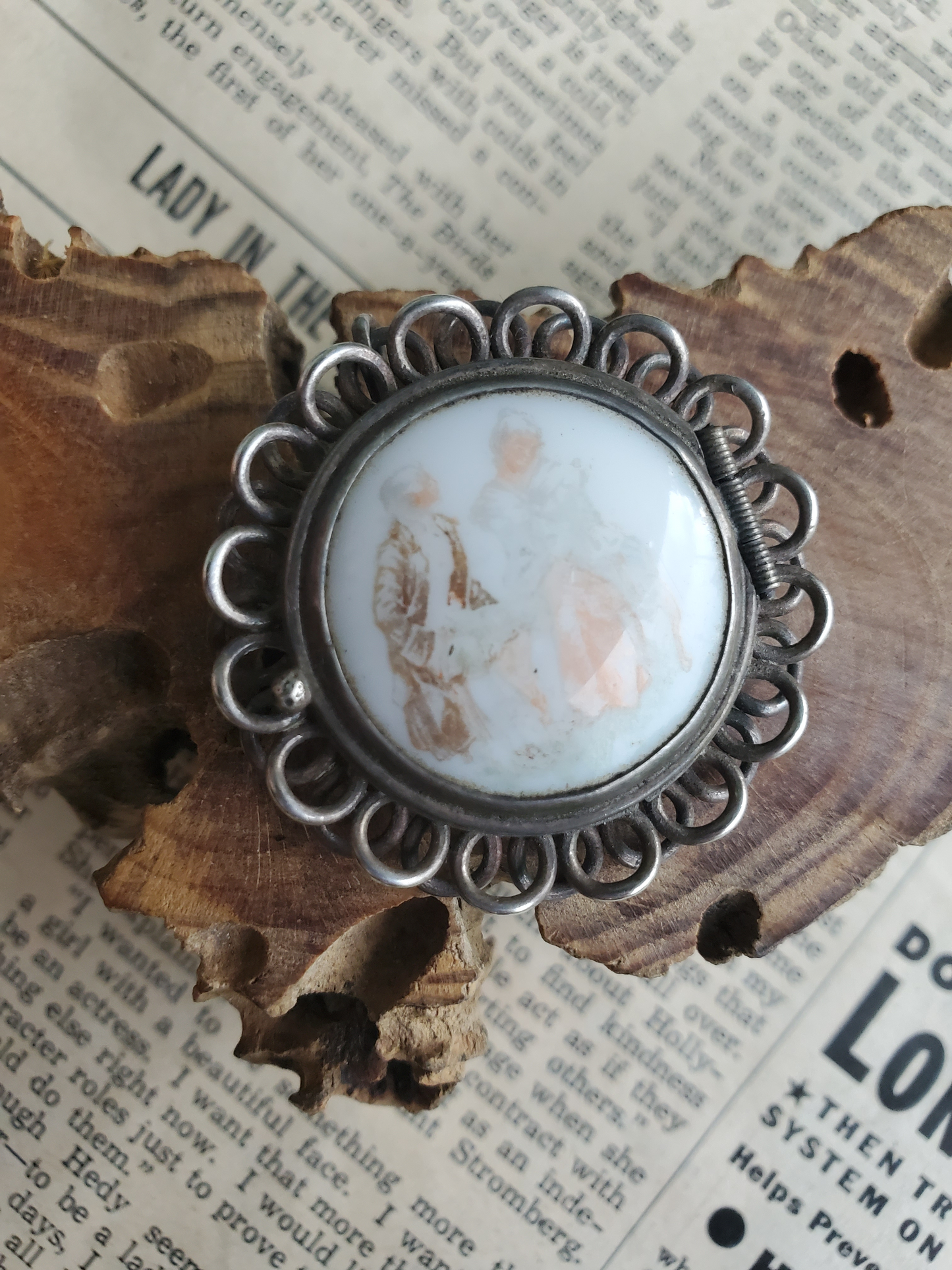 Mexico JA sterling silver vintage locket pendant brooch with painted porcelain Victorian couple