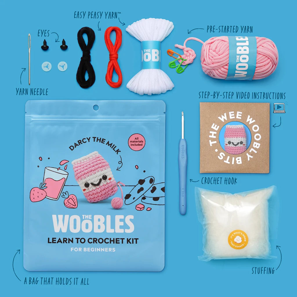 The Woobles Darcy the strawberry milk all in one crochet kit