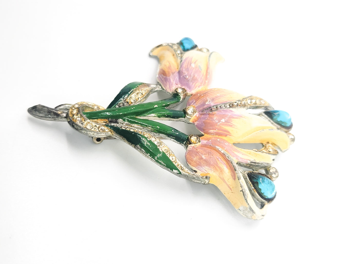 Unsigned Coro WWII vintage enamel flower rhinestone brooch