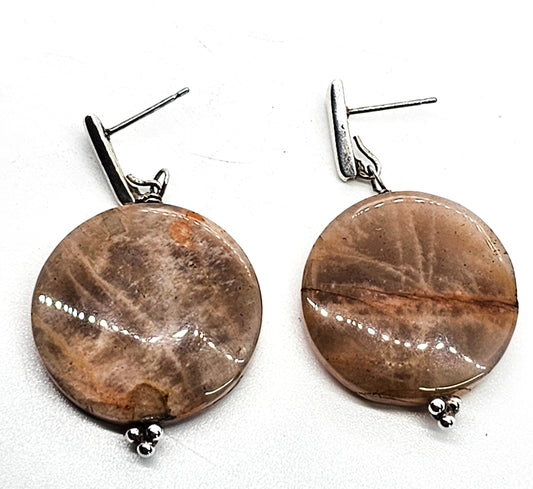 Peach moonstone silver sheen gemstone disk sterling silver vintage earrings