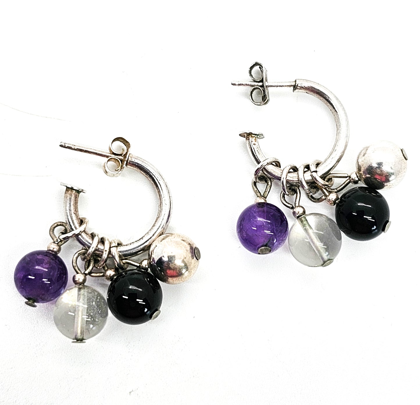 Purple and Black Gemstone beaded vintage sterling silver hoop earrings