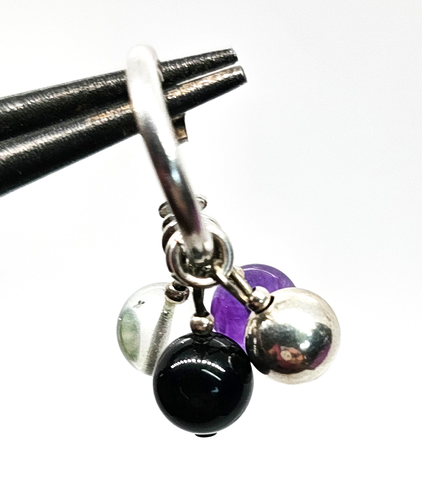 Purple and Black Gemstone beaded vintage sterling silver hoop earrings