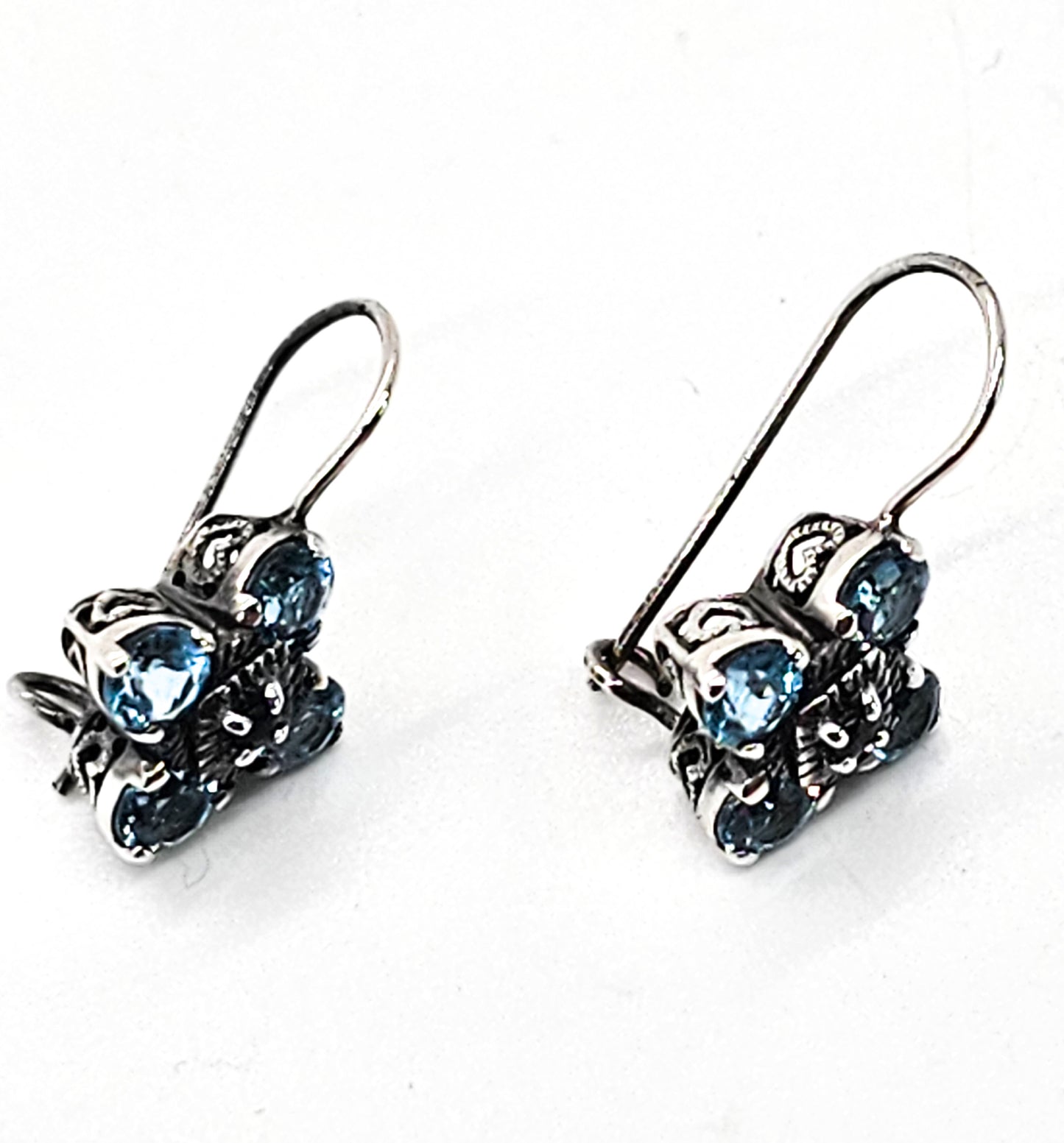 CNA blue topaz and black spinel filigree heart sterling silver earrings
