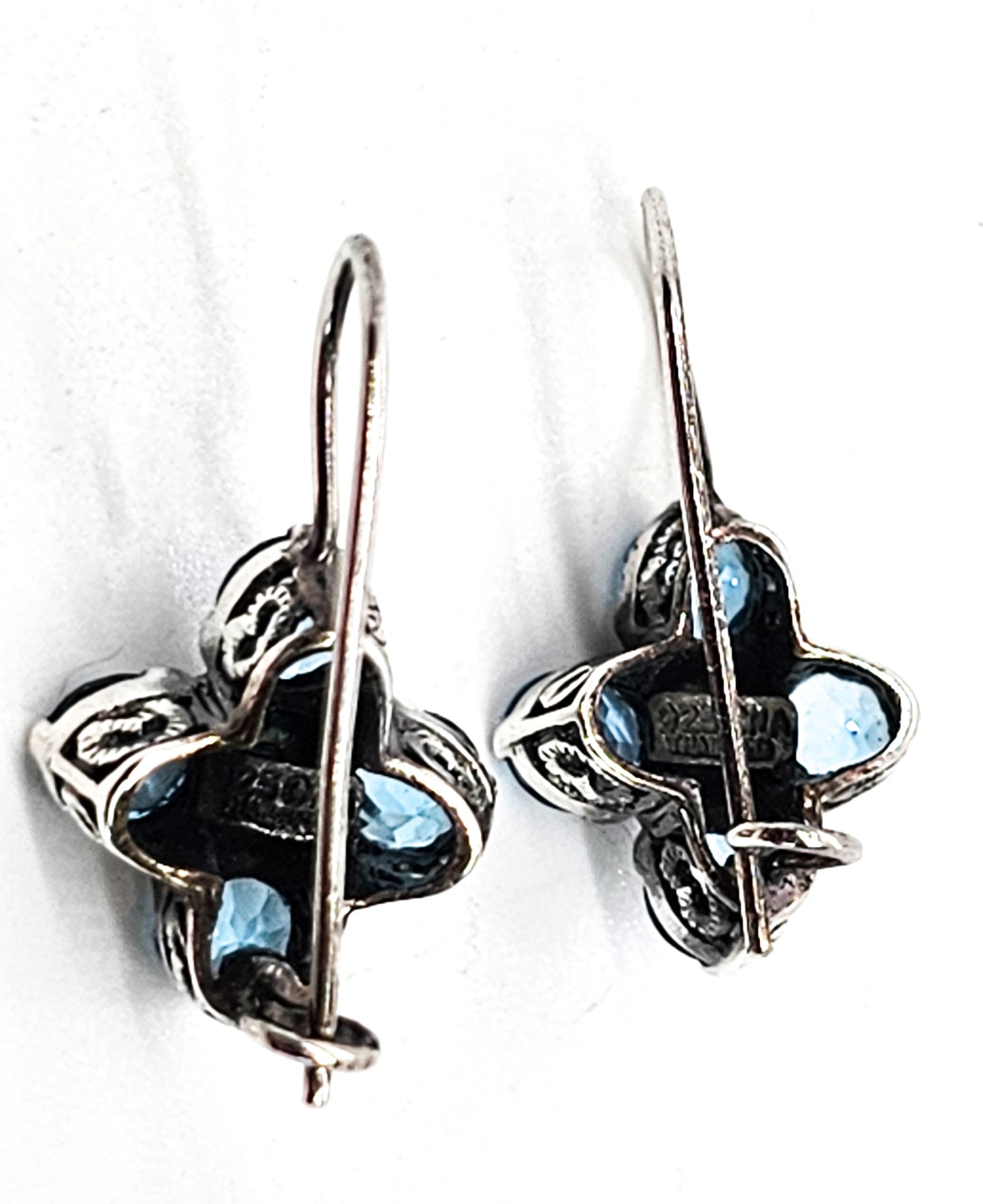 CNA blue topaz and black spinel filigree heart sterling silver earrings