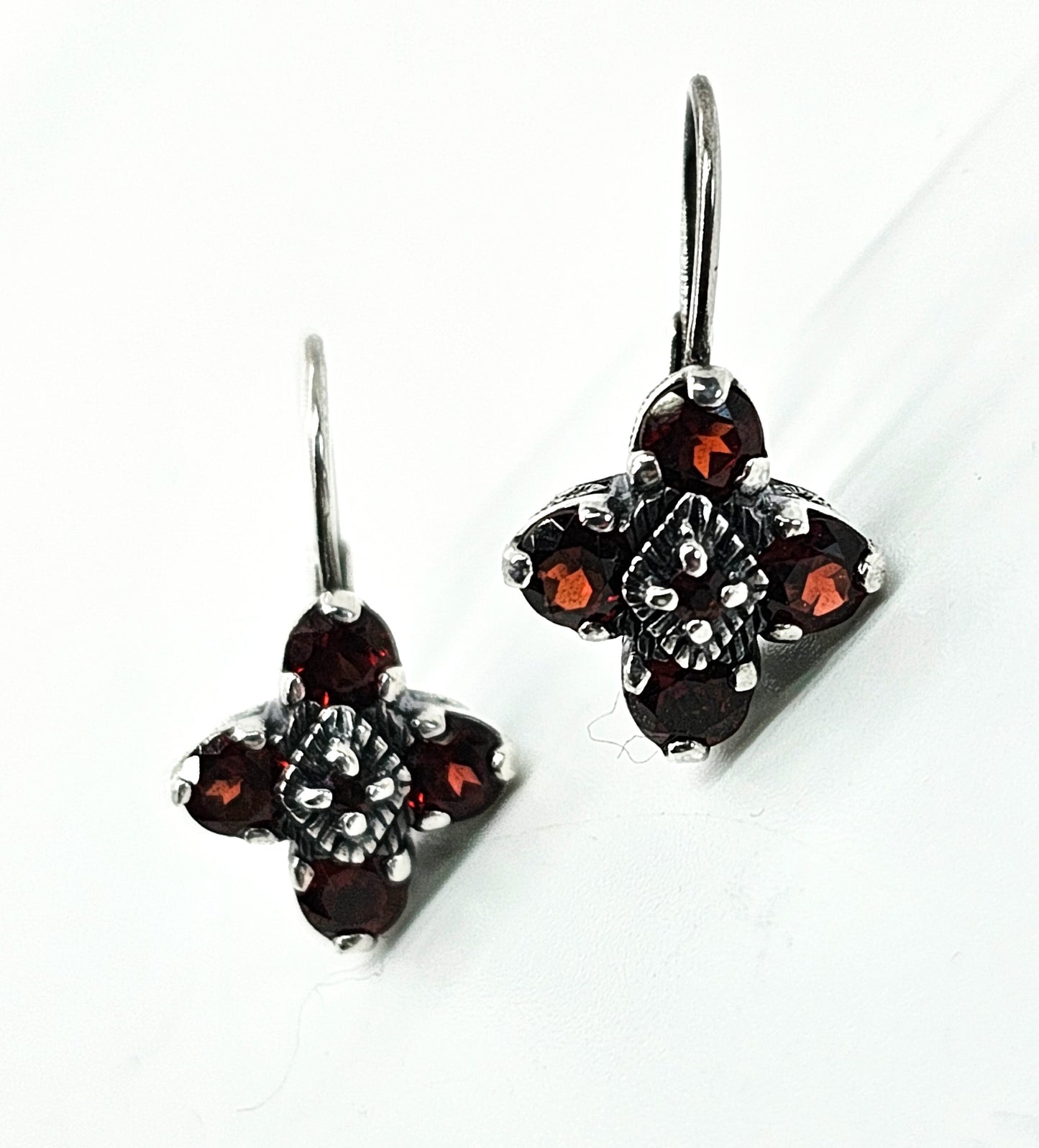 CNA red garnet gemstone filigree heart sterling silver earrings