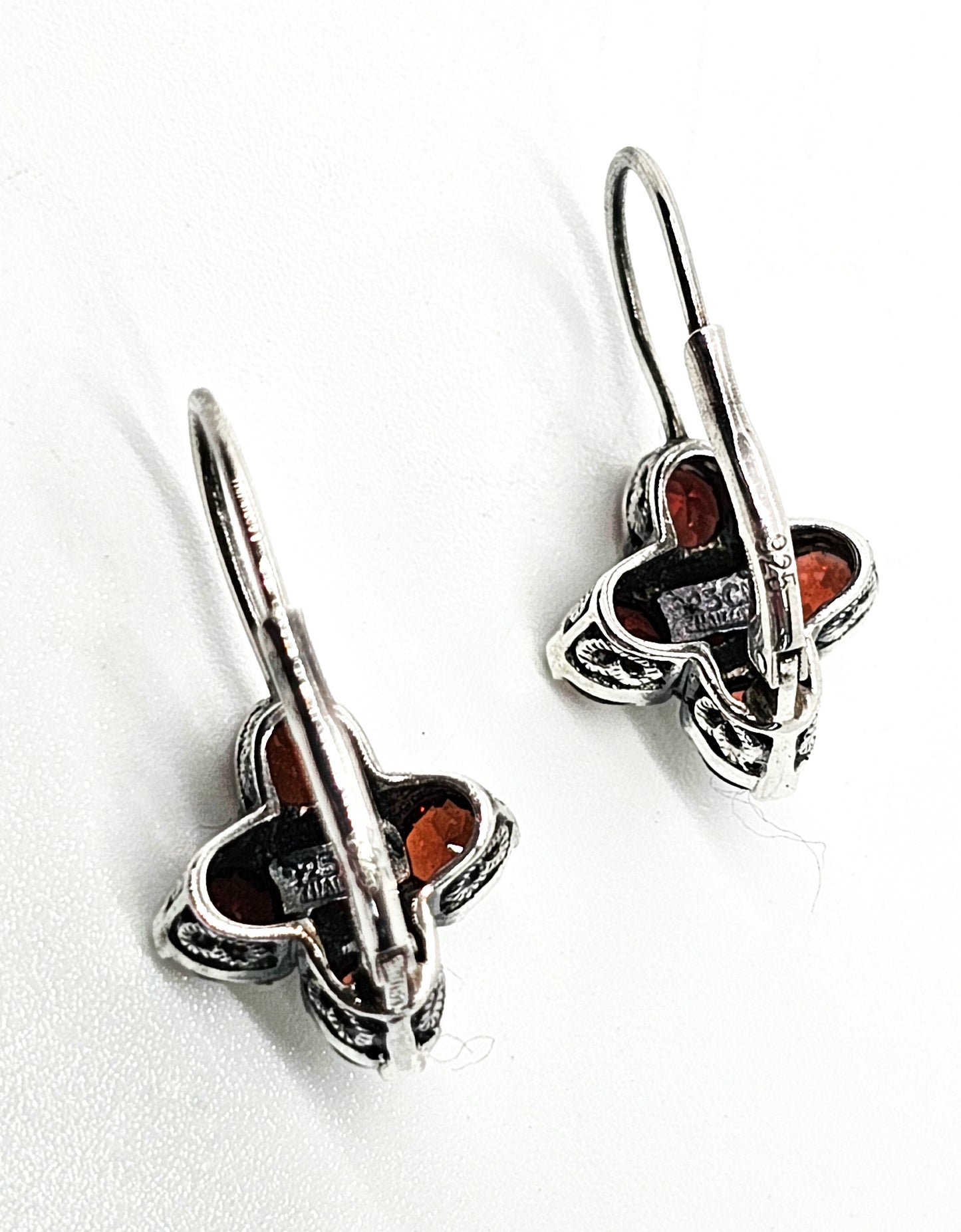 CNA red garnet gemstone filigree heart sterling silver earrings