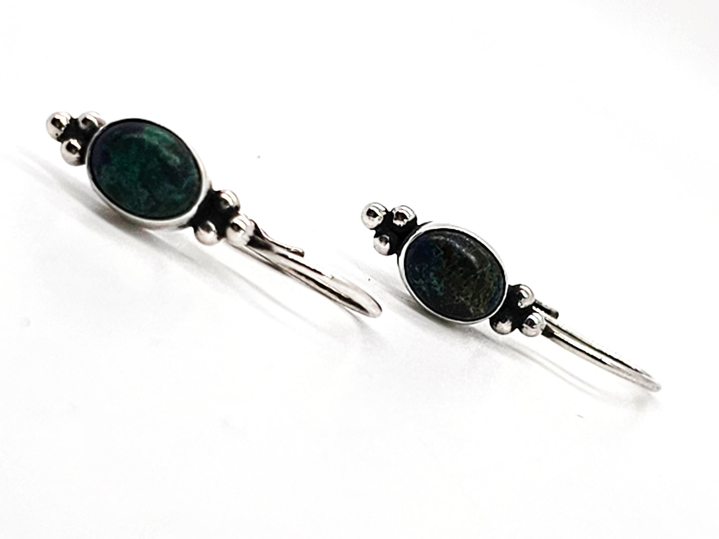 Chrysocolla blue green gemstone vintage Balinese sterling silver earrings