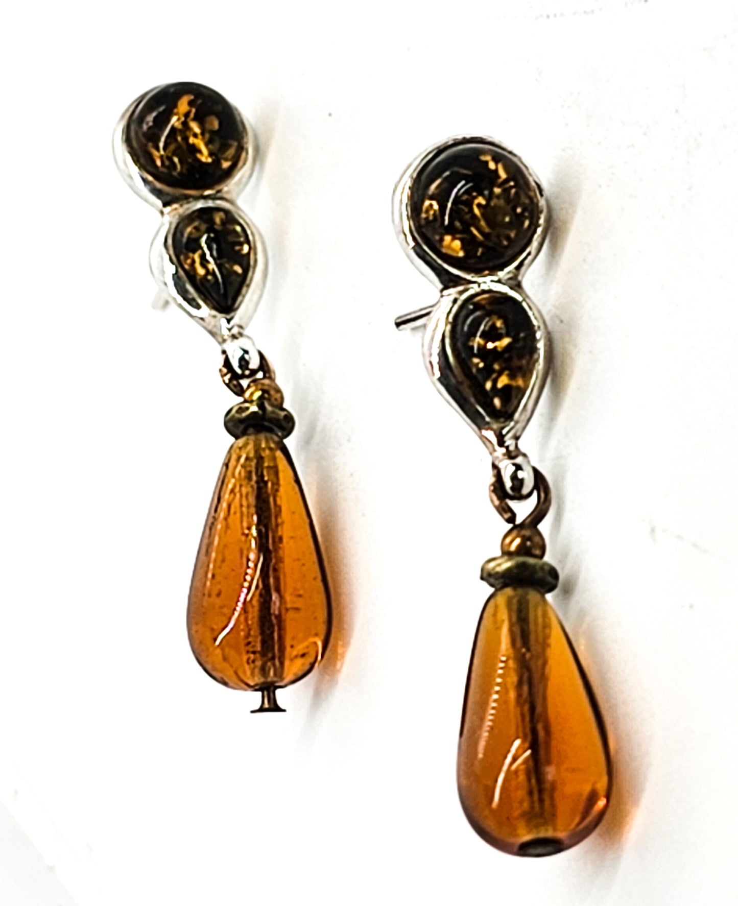 Cognac Amber vintage long sterling silver drop earrings