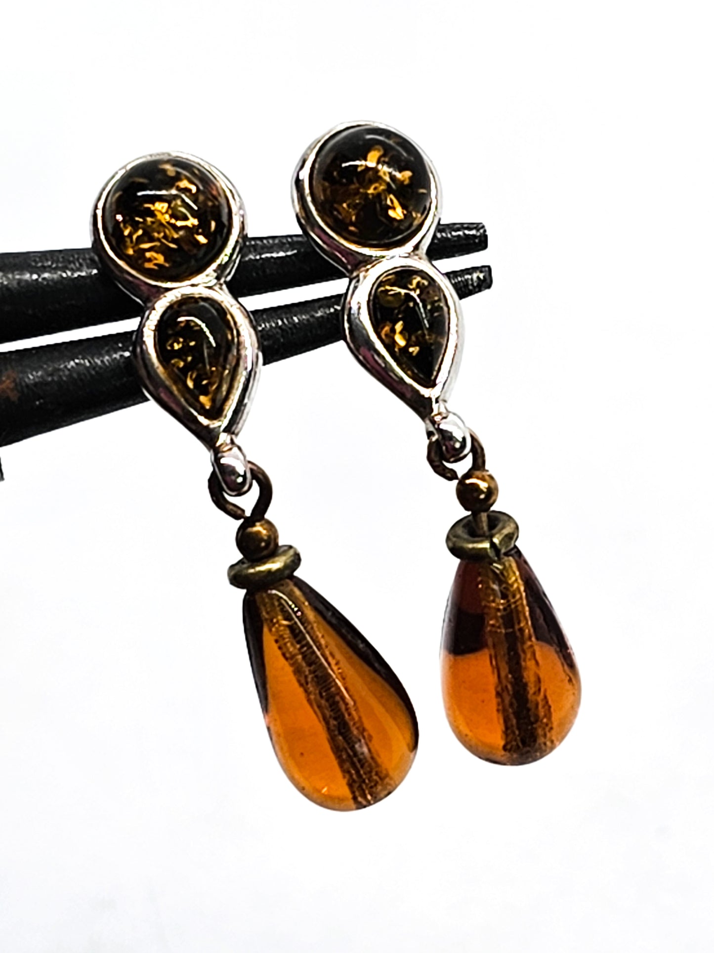 Cognac Amber vintage long sterling silver drop earrings