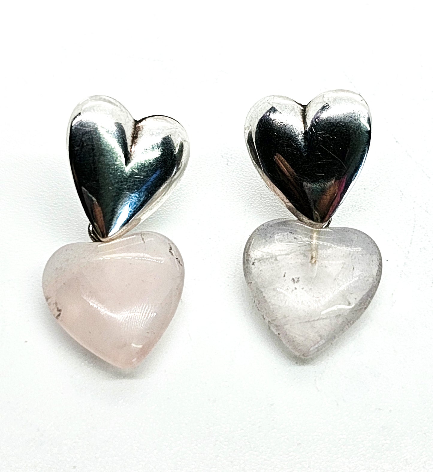 Rose quartz double heart vintage retro sterling silver earrings