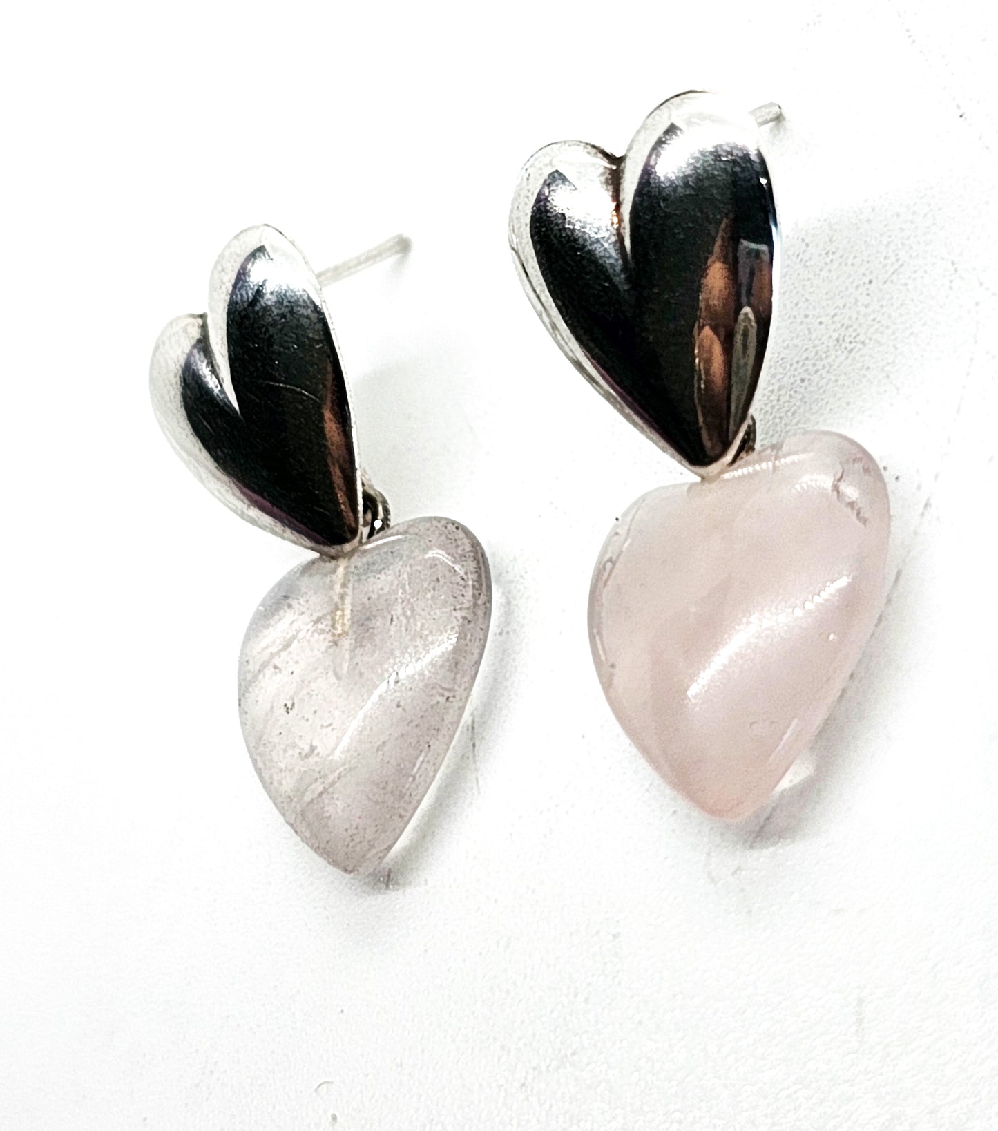 Rose quartz double heart vintage retro sterling silver earrings