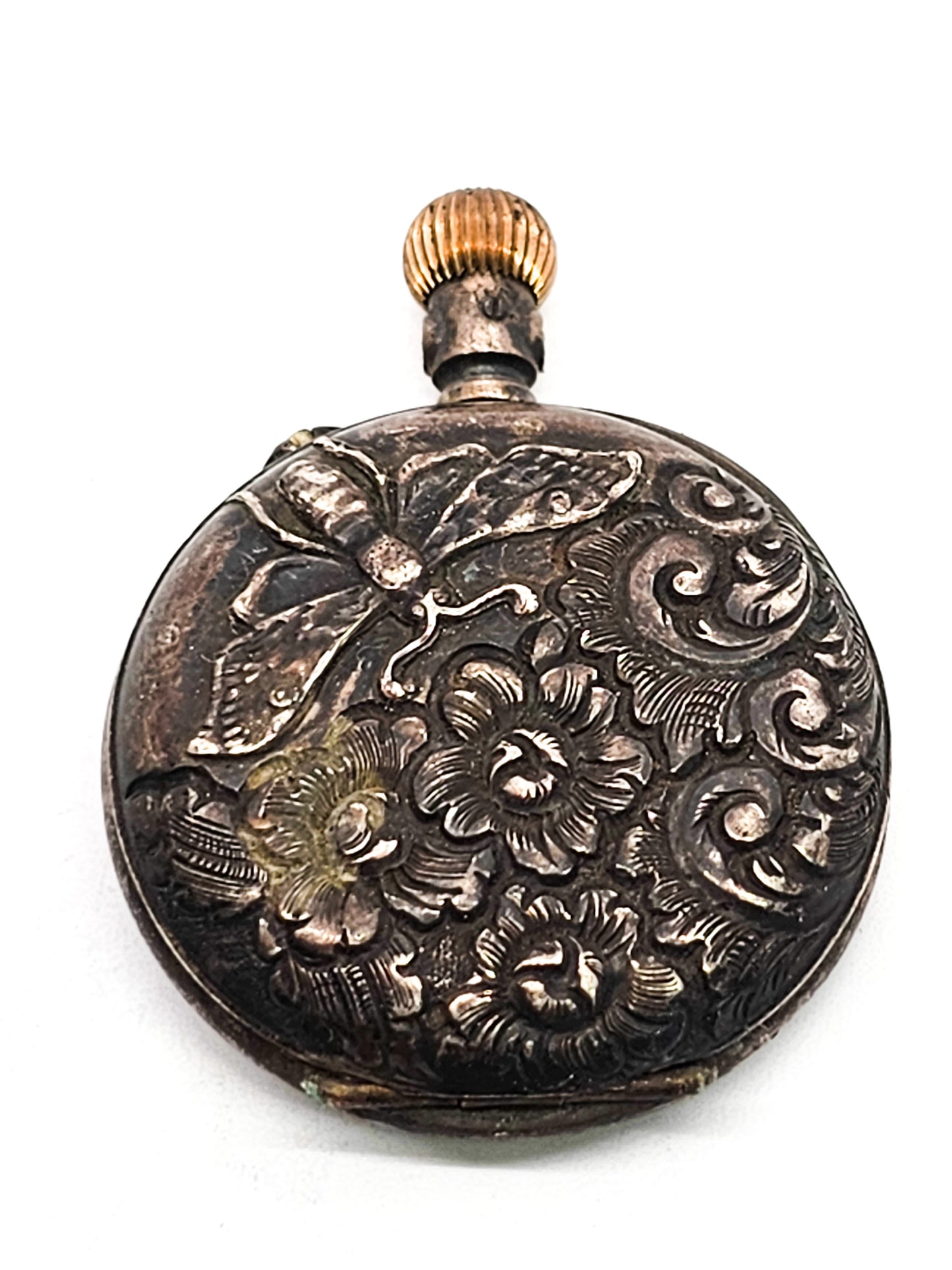 Bijou Bee and flower garden motif antique 900 silver pocket watch non working