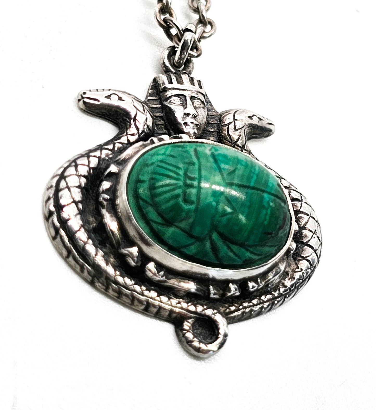 Egyptian Revival King Tut carved malachite scarab sterling silver antique necklace
