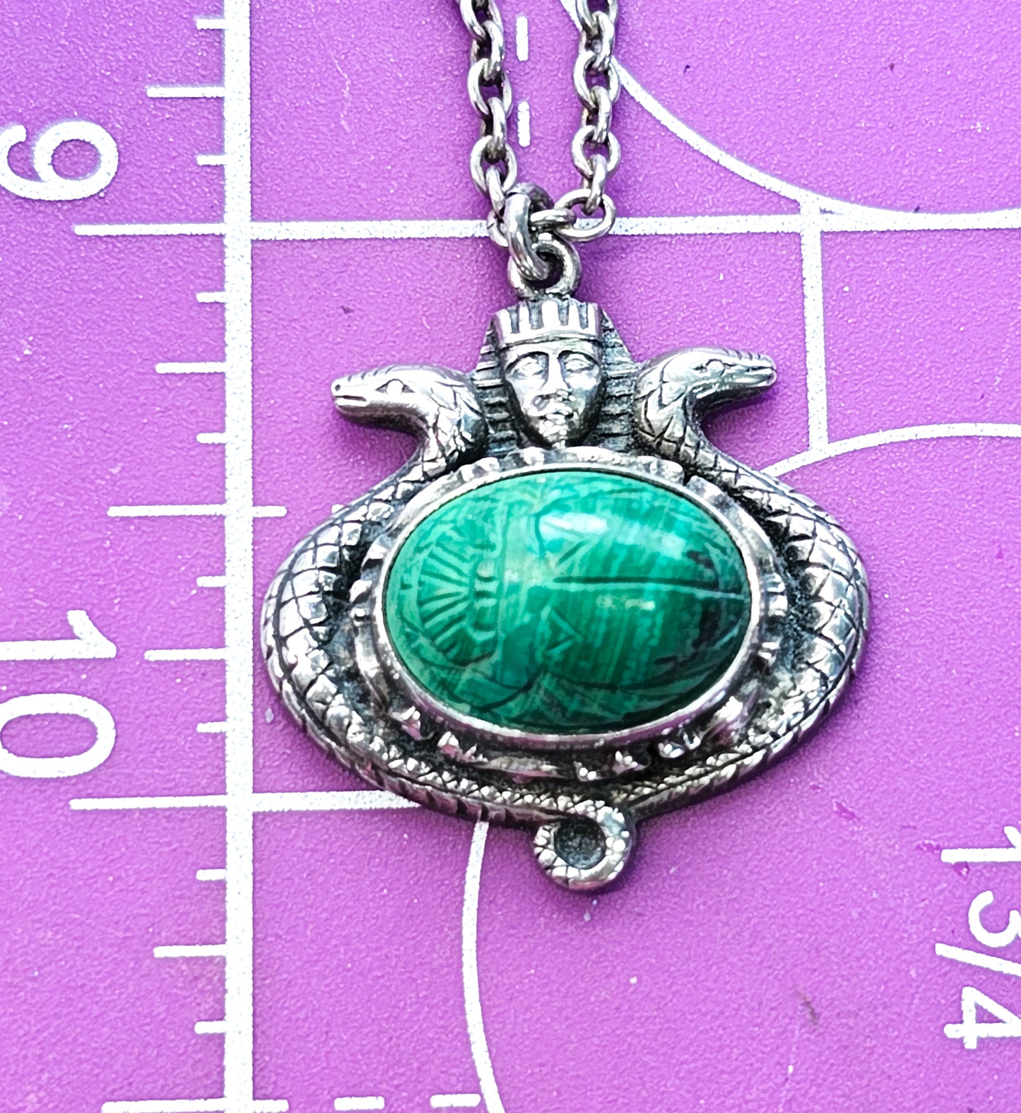 Egyptian Revival King Tut carved malachite scarab sterling silver antique necklace