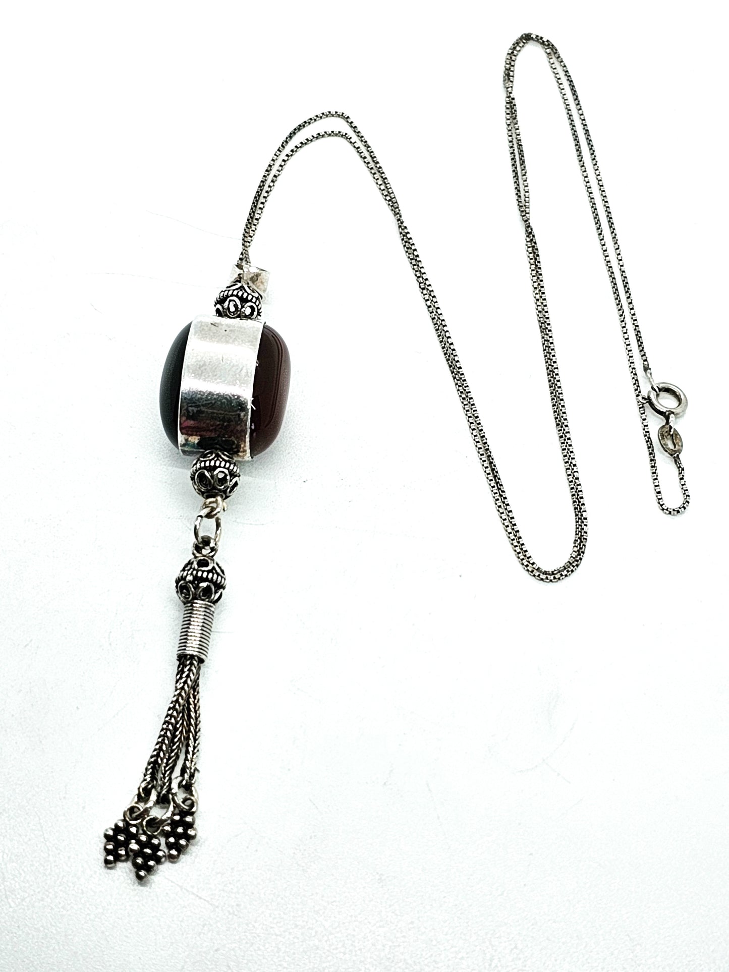 Onyx and Carnelian double sided long drop tassel vintage sterling silver necklace