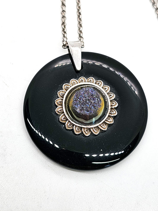 PJC Purple and gold titanium coated druzy in black onyx sterling silver necklace