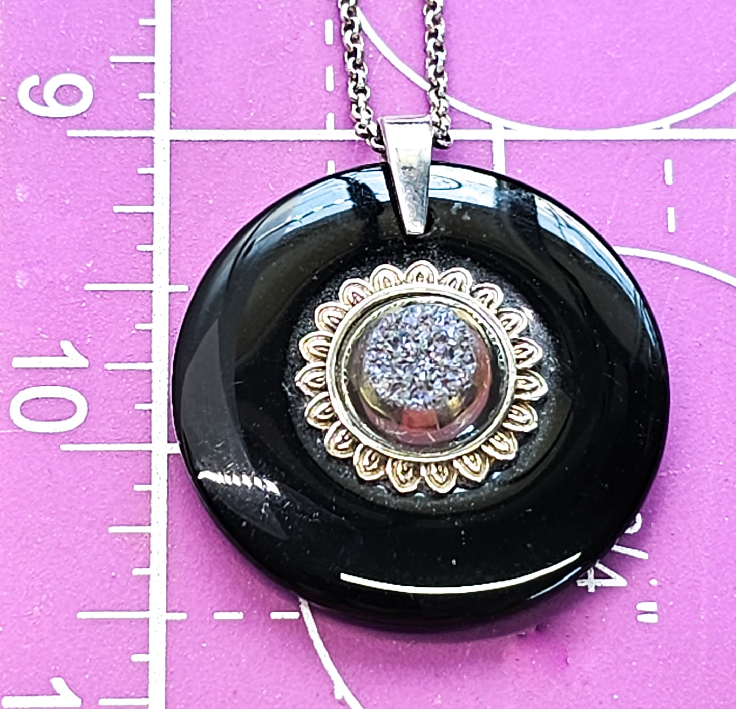 PJC Purple and gold titanium coated druzy in black onyx sterling silver necklace