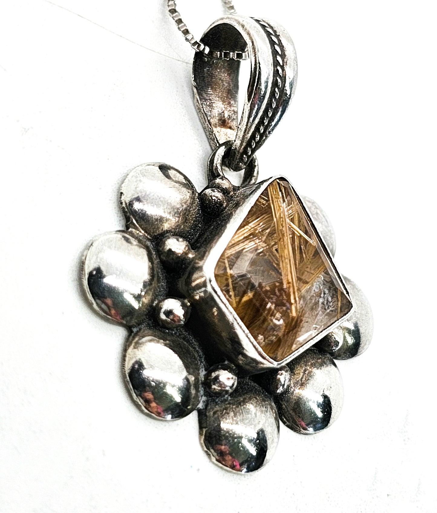Golden Rutilated quartz vintage sterling silver artisan pendant necklace