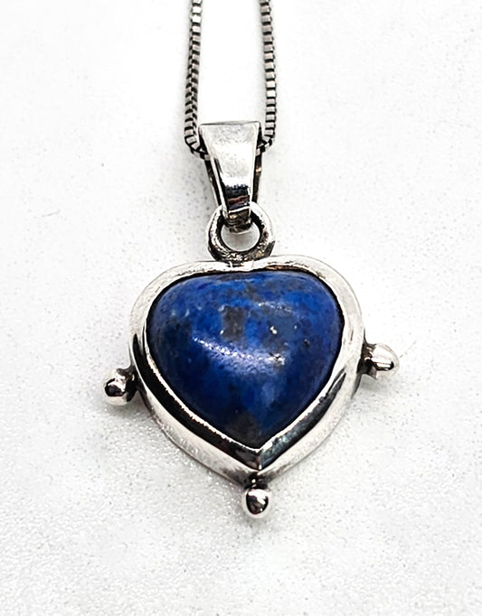 Lapis Lazuli small heart shaped tribal vintage sterling silver pendant necklace