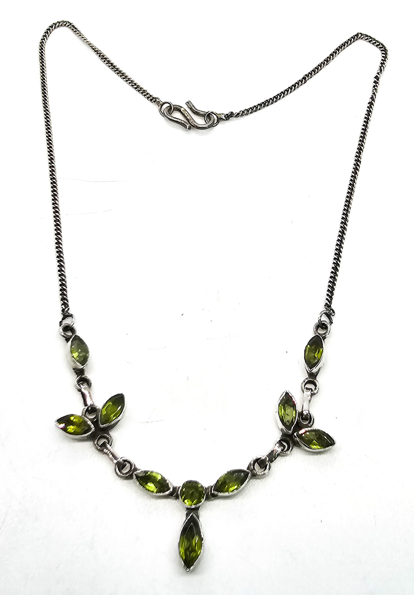 Green tourmaline gemstone faceted marquis vintage sterling silver statement necklace