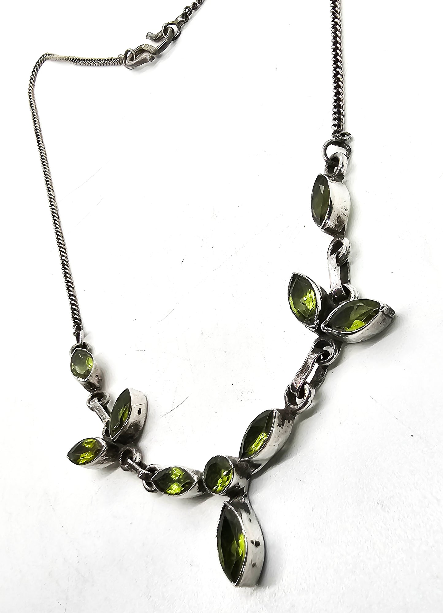 Green tourmaline gemstone faceted marquis vintage sterling silver statement necklace