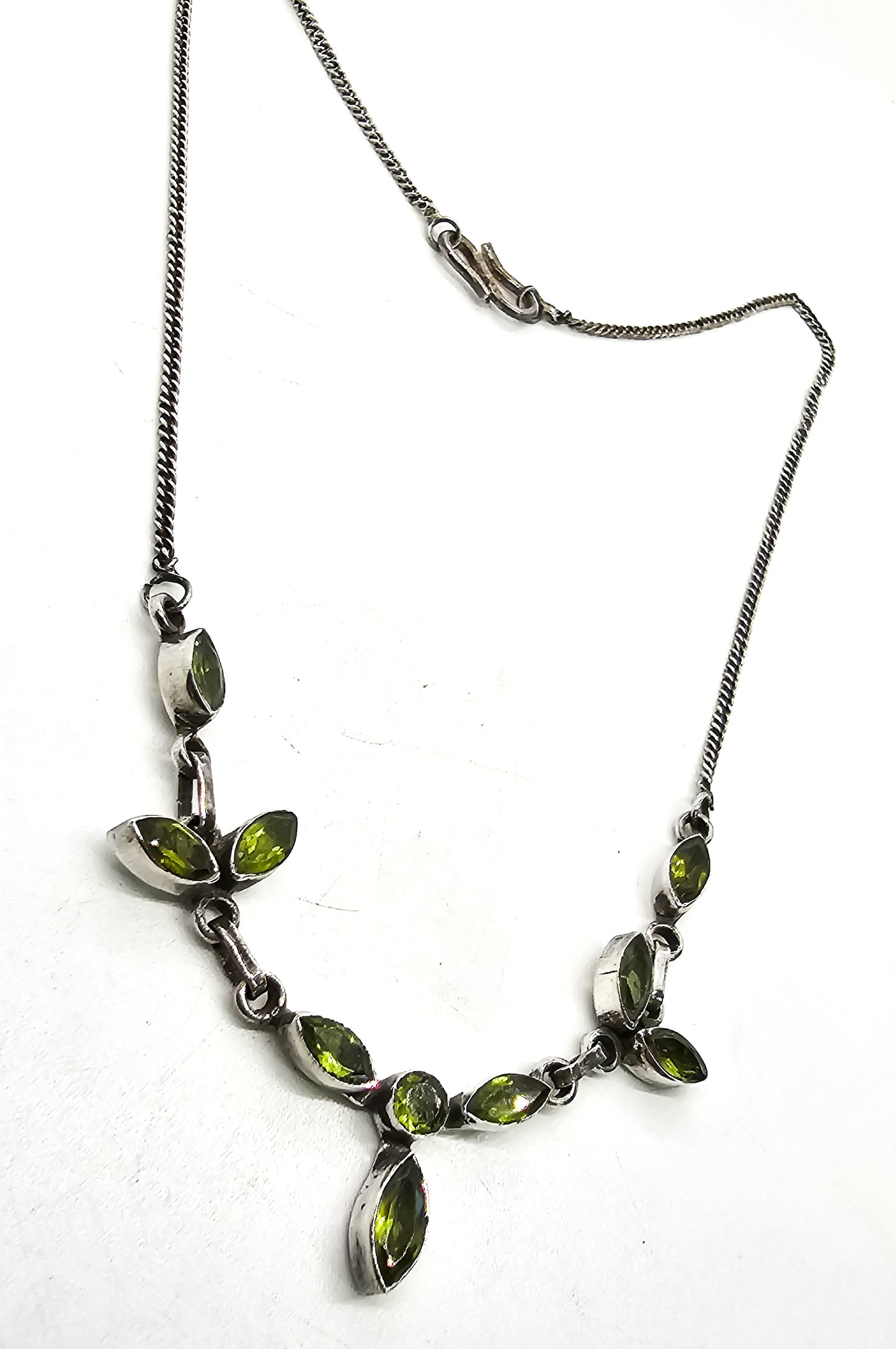 Peridot Green gemstone faceted marquis vintage sterling silver statement necklace