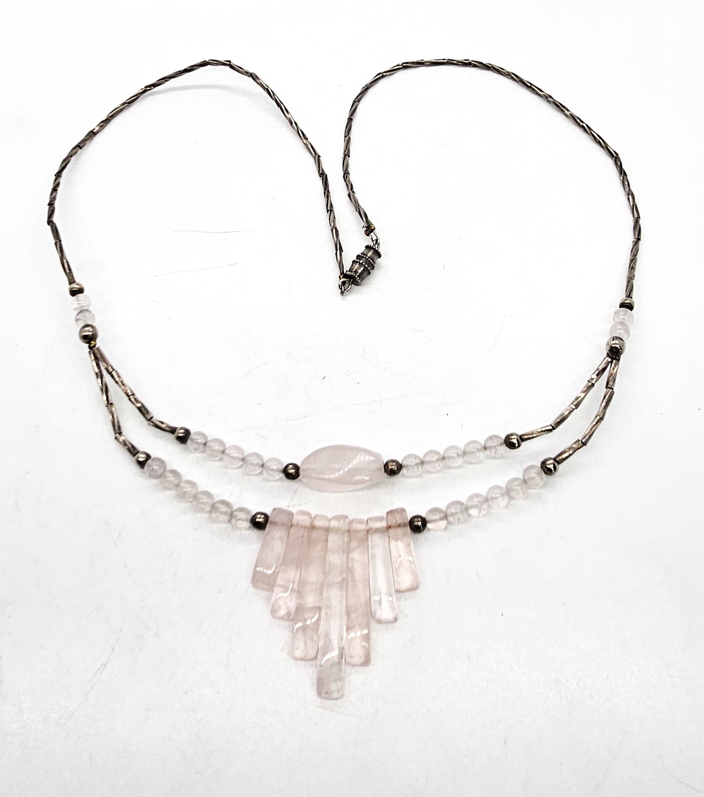 Rose Quartz pink gemstone silver toned layered retro vintage necklace