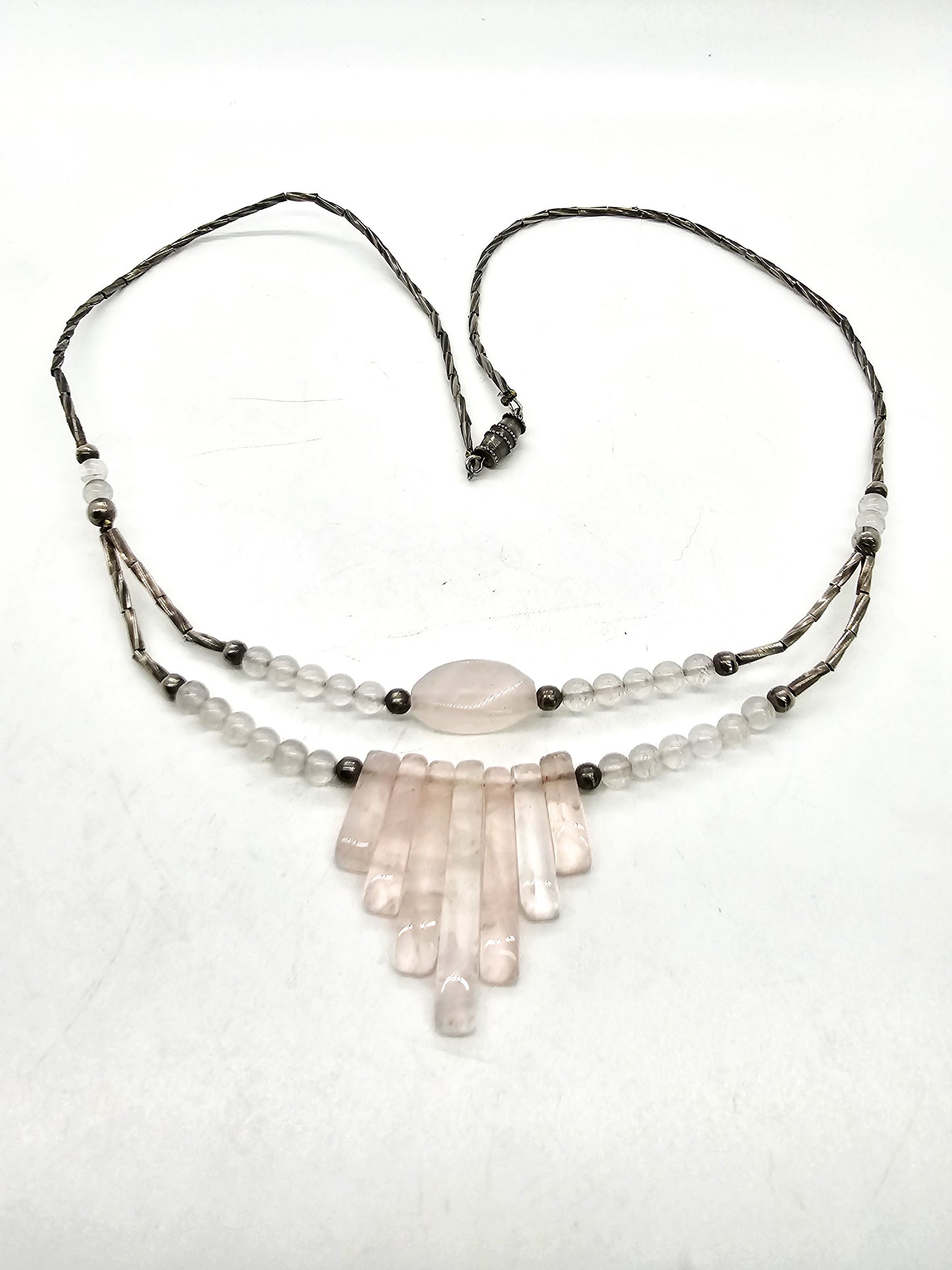 Rose Quartz pink gemstone silver toned layered retro vintage necklace