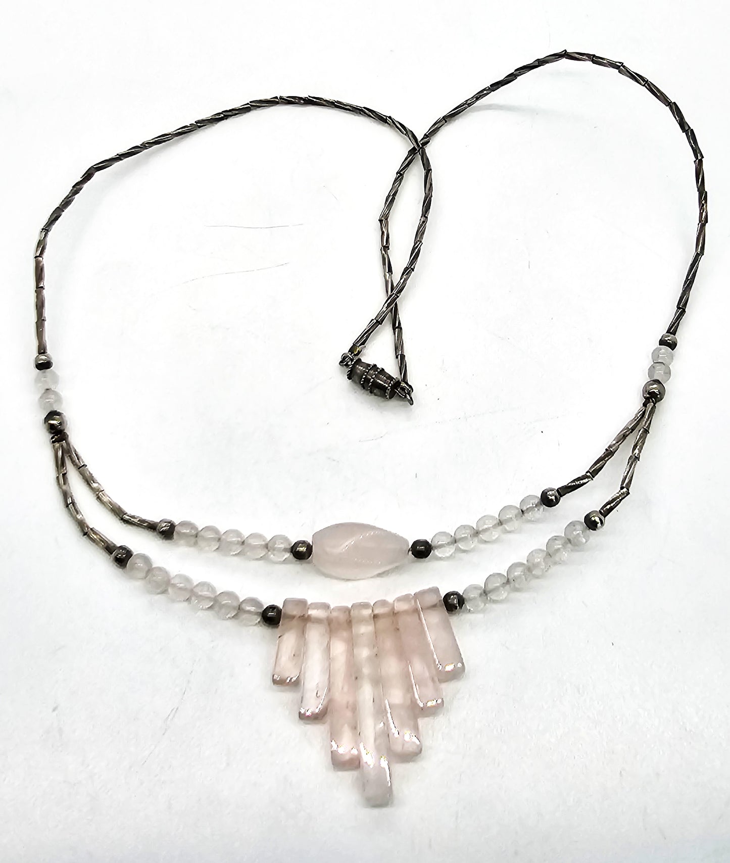 Rose Quartz pink gemstone silver toned layered retro vintage necklace
