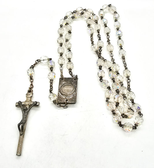 Reliquary Austrian crystal mid century Aurora Borealis vintage rosary Catholic