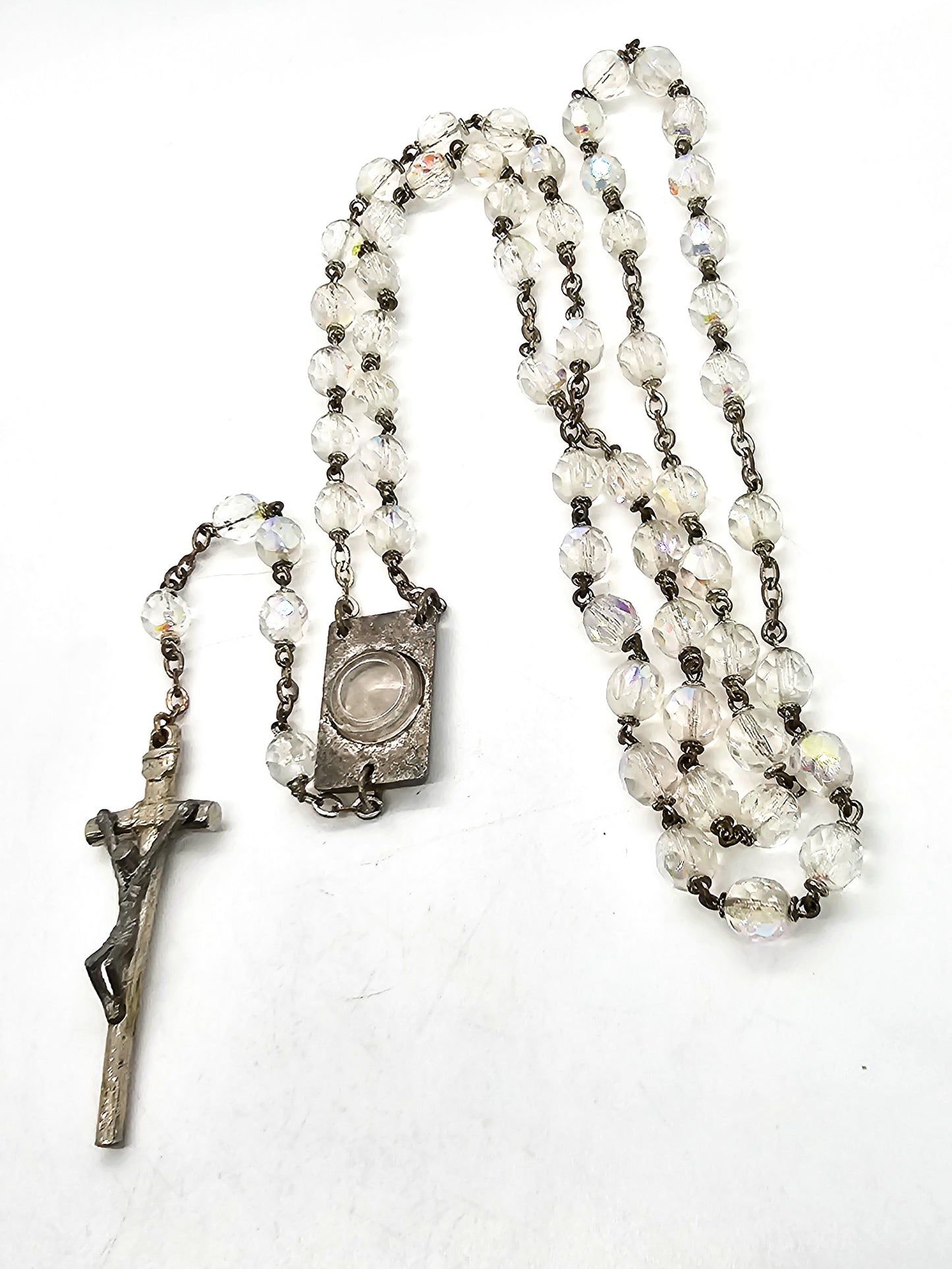 Reliquary Austrian crystal mid century Aurora Borealis vintage rosary Catholic