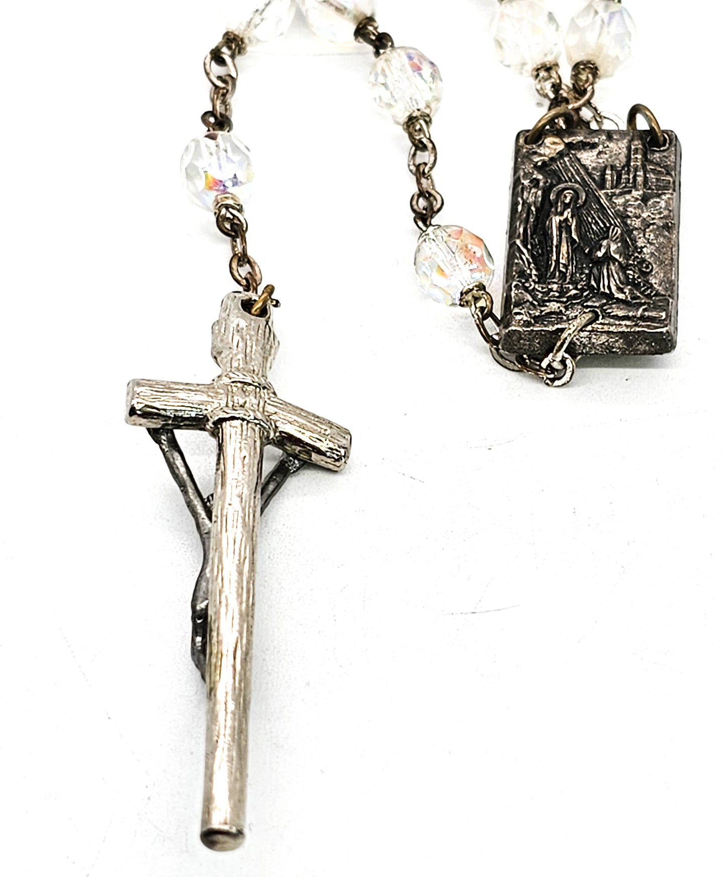 Reliquary Austrian crystal mid century Aurora Borealis vintage rosary Catholic