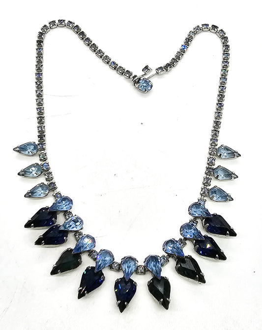 Mid century Dark and light blue pear cut vintage rhinestone statement necklace