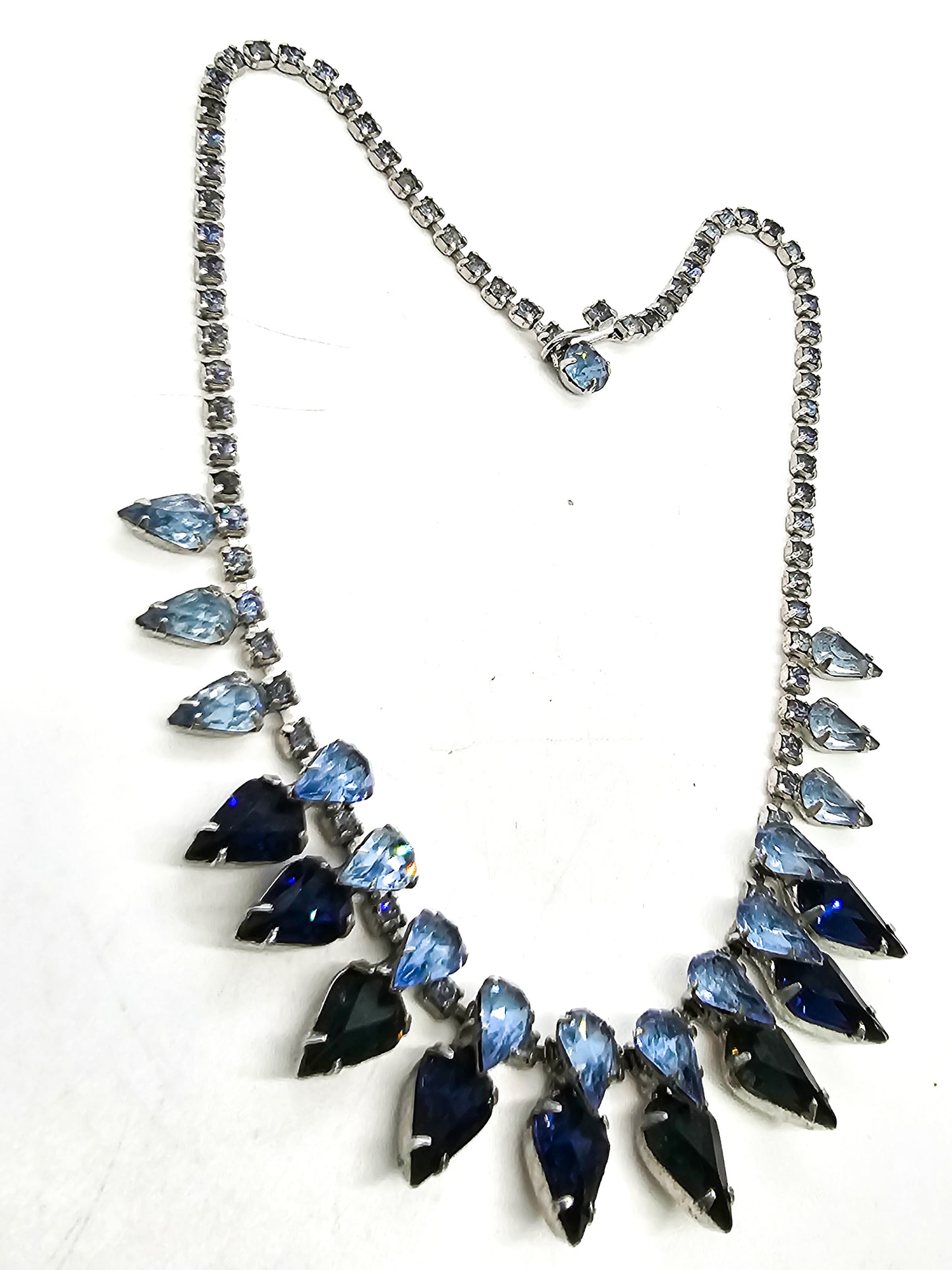 Mid century Dark and light blue pear cut vintage rhinestone statement necklace