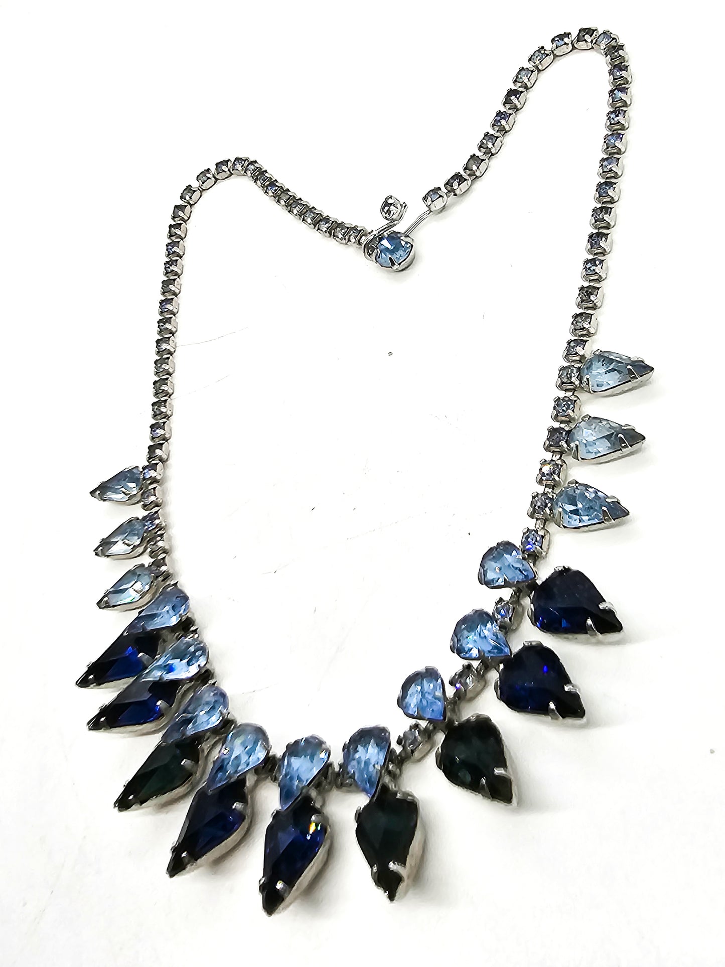 Mid century Dark and light blue pear cut vintage rhinestone statement necklace