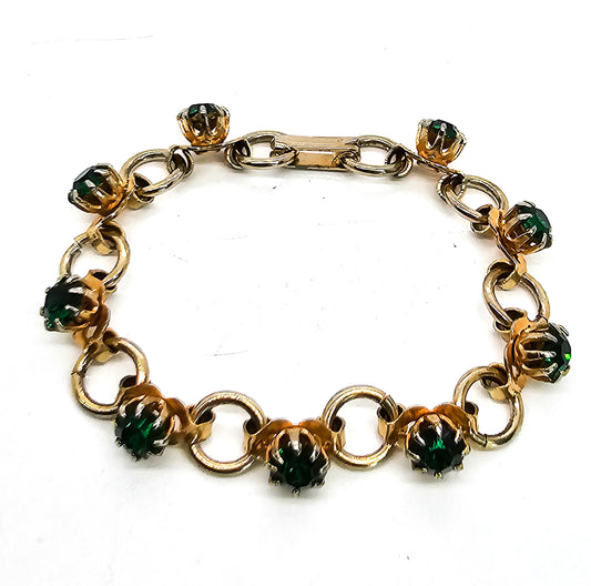 Green and gold toned vintage rhinestone tennis bracelet mid century