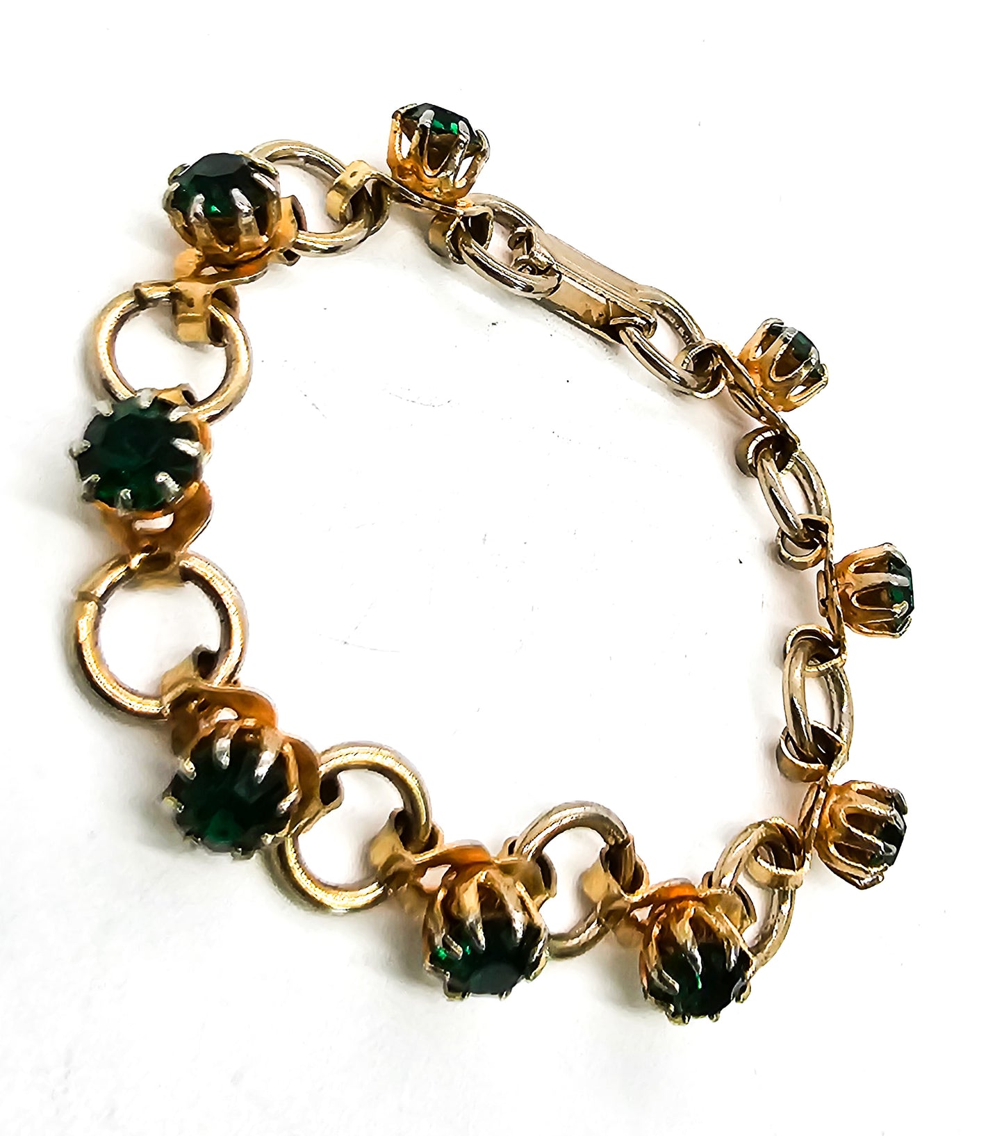 Green and gold toned vintage rhinestone tennis bracelet mid century